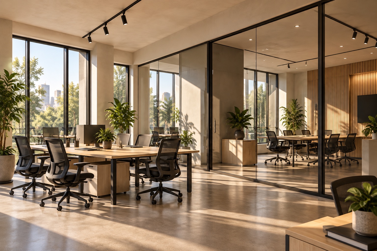 Office interior concept: warm materials and a practical commercial layout