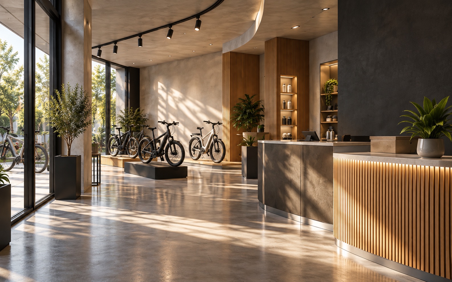 Electric-bike showroom concept: warm materials and a practical commercial layout