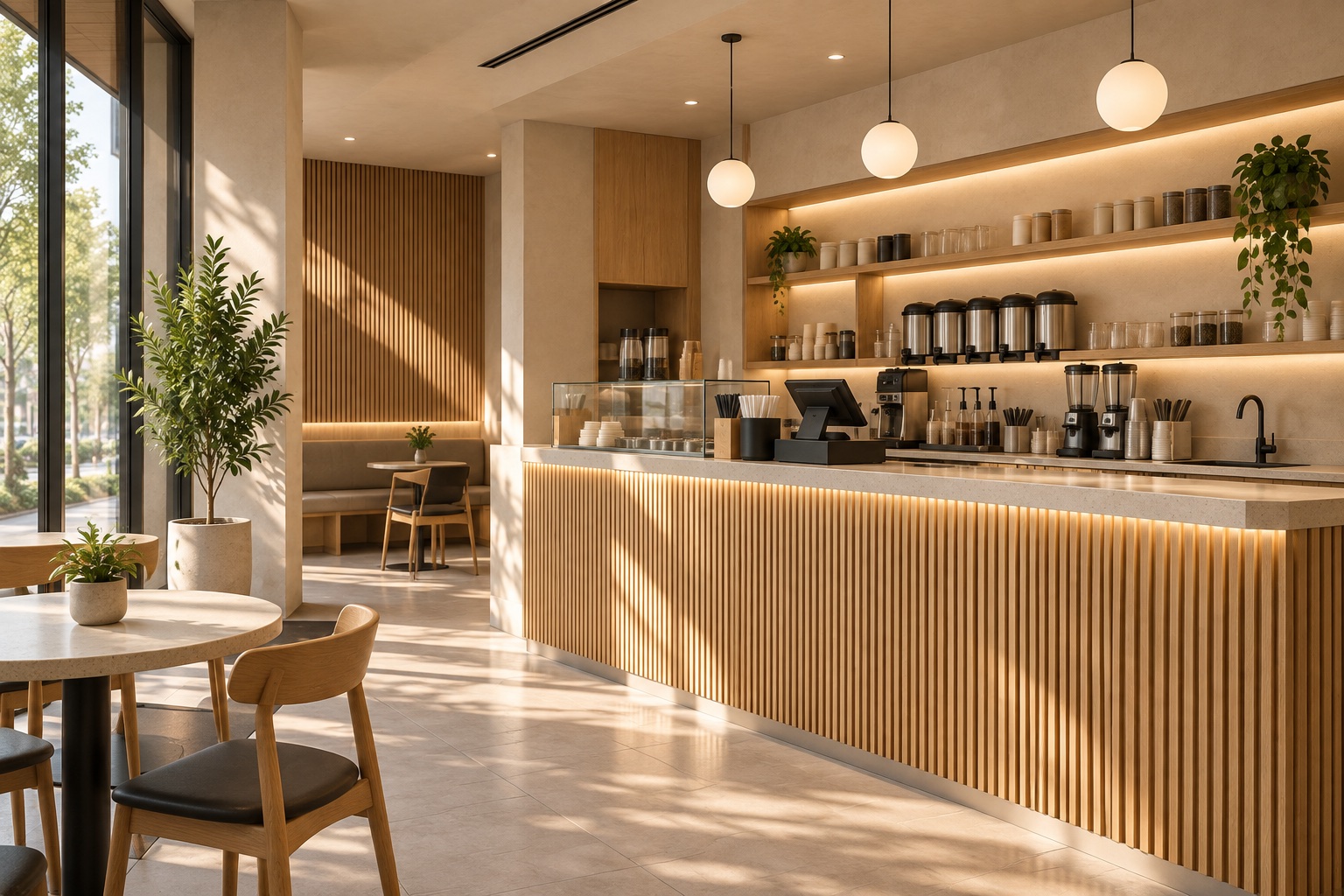 Milk-tea shop concept: warm materials and a practical commercial layout